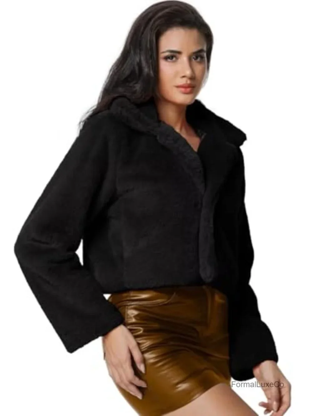 Cropped Faux Fur Coat with Shawl Collar & Snap Buttons